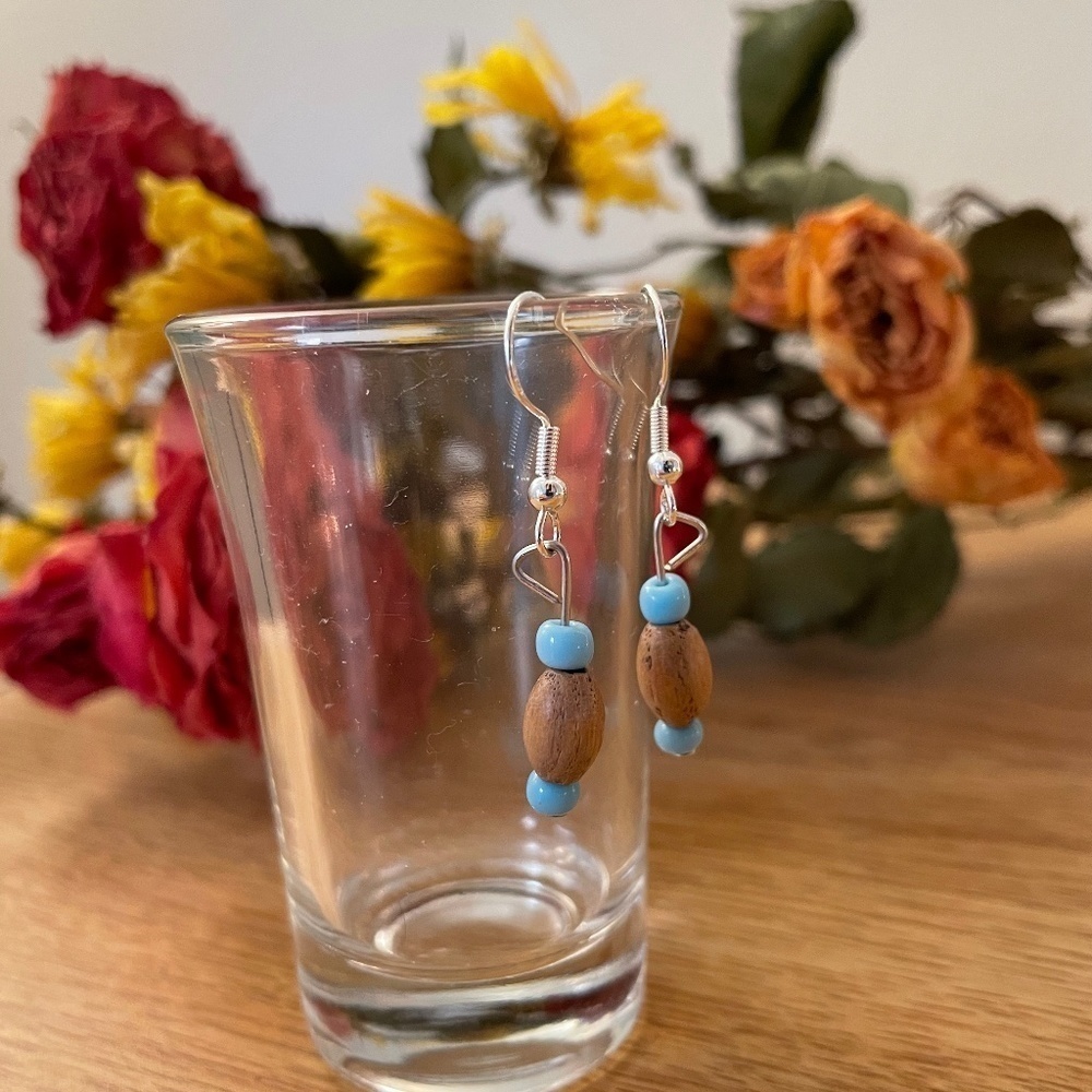 Sky Blue Wood Beaded Earrings